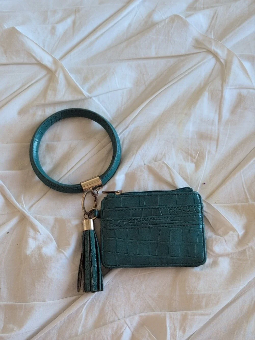 Teal Croc-Embossed Wristlet Cardholder with Tassel